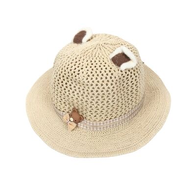 Gorro infantil de punto calado con orejas de animal y cinta decorativa de cuadros.