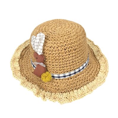 Sombrero de paja tejido para niños con ala ondulada y conejo decorativo