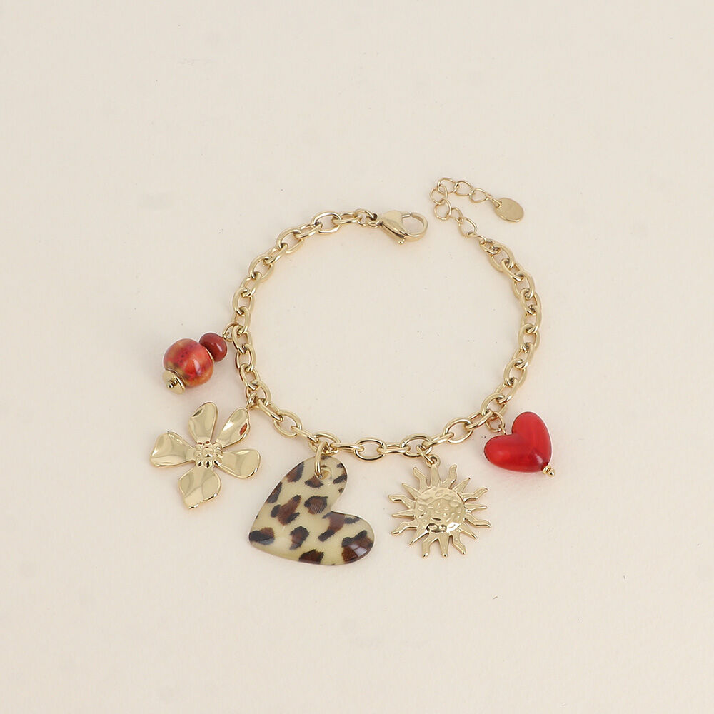 Pulsera - cuentas de cerámica, corazones de resina, sol y flor