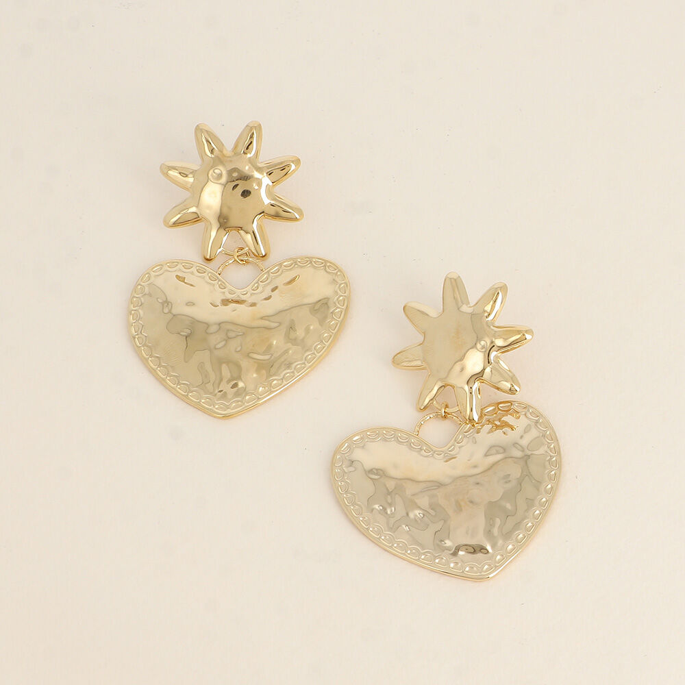 Pendientes colgantes de sol y corazón martillados