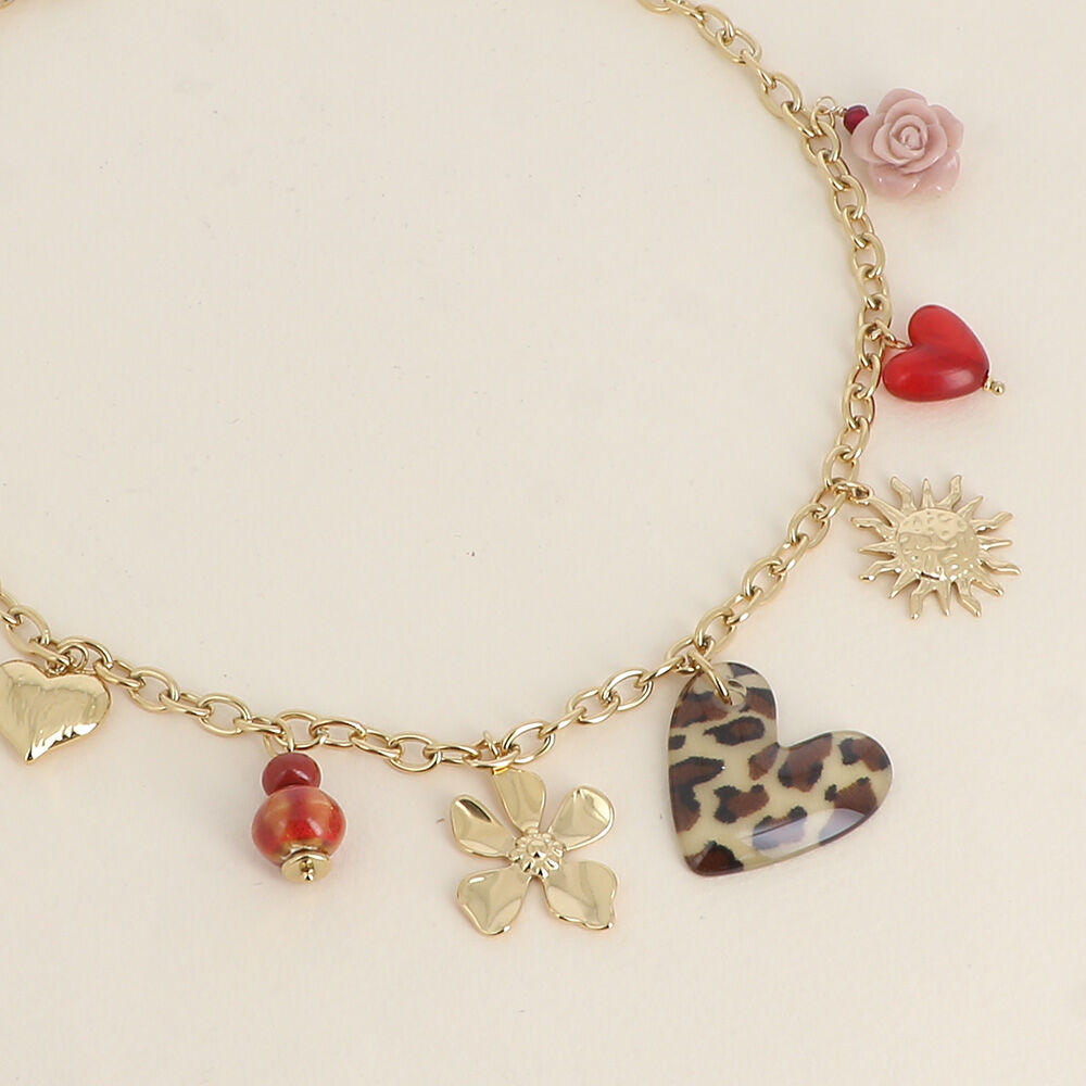 Collar - cuentas de cerámica, corazones de leopardo, textura, resina, sol y flor