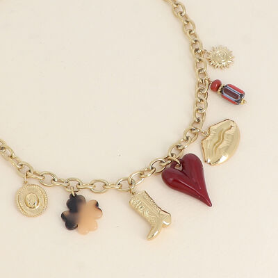 Necklace - hat, ceramic beads, resin clover and heart, sun, boot and mouth