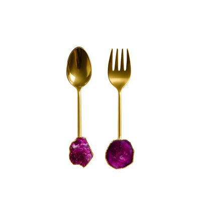 Cubiertos de ensalada dorados con piedra de ágata rosa