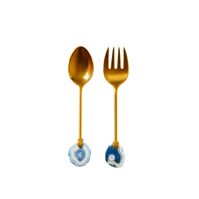 Cubiertos de ensalada dorados con piedra de ágata azul