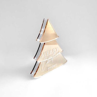 Árbol de Navidad de mesa de acrílico dorado con la inscripción "Feliz Navidad" – Decoración de temporada