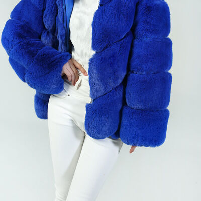 CHAQUETA CORTA DE PIEL SINTÉTICA Y CUERO - AZUL REAL