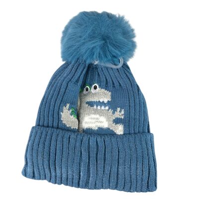 Bonnet enfant à revers avec motif dinosaure et pompon