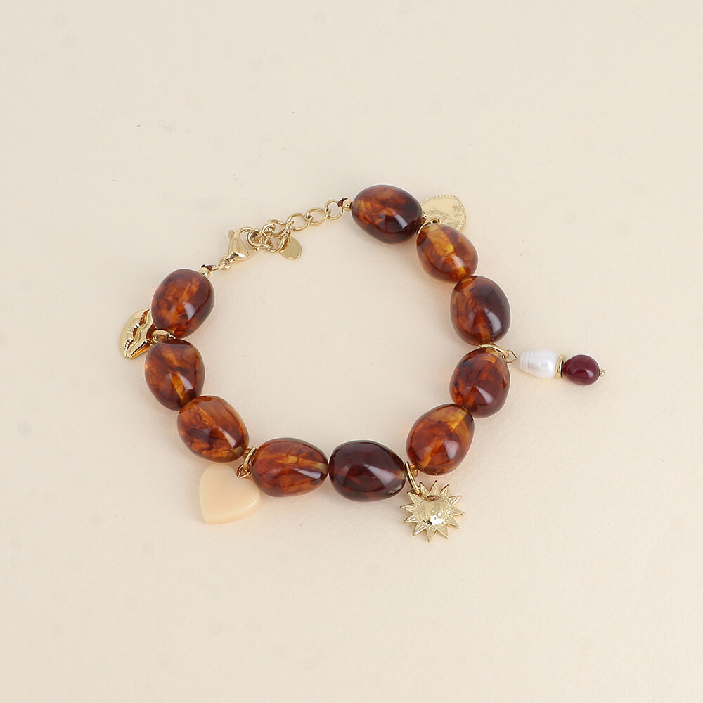 Pulsera de alambre - cuentas de resina y borlas de acero inoxidable (corazón, cuentas de resina, sol, corazón y boca de resina)