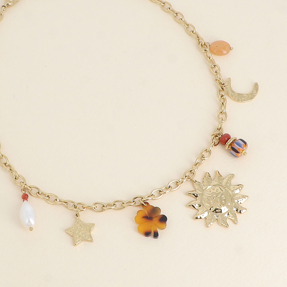 CC2110D - Collier Multi-Rangs Chaînes Métal Argenté avec Perles Noires, Croix