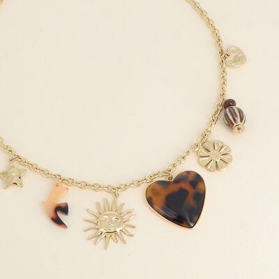 Collana - ciondoli (stella, sole, uccello in resina, cuore in smalto, fiore, perle, cuore)