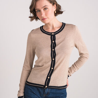 Two-tone silk and cashmere cardigan with pearl buttons