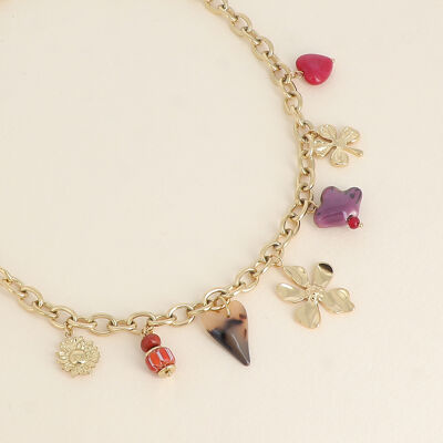 Collar - cuentas de cerámica y pájaro, trébol, corazón de resina de leopardo y flor