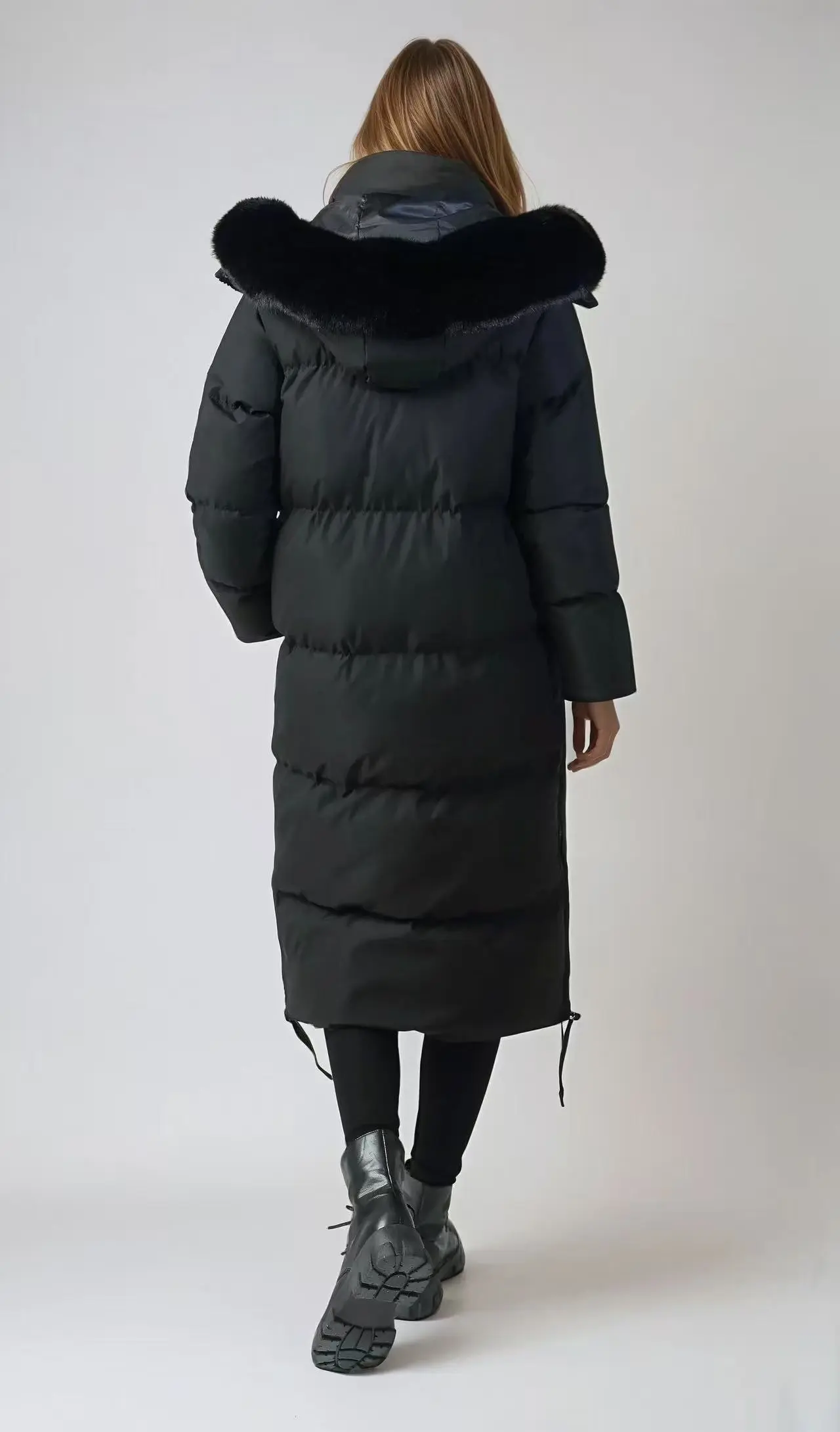 Buy wholesale LONG BLACK QUILTED DOWN JACKET WITH FAUX FUR