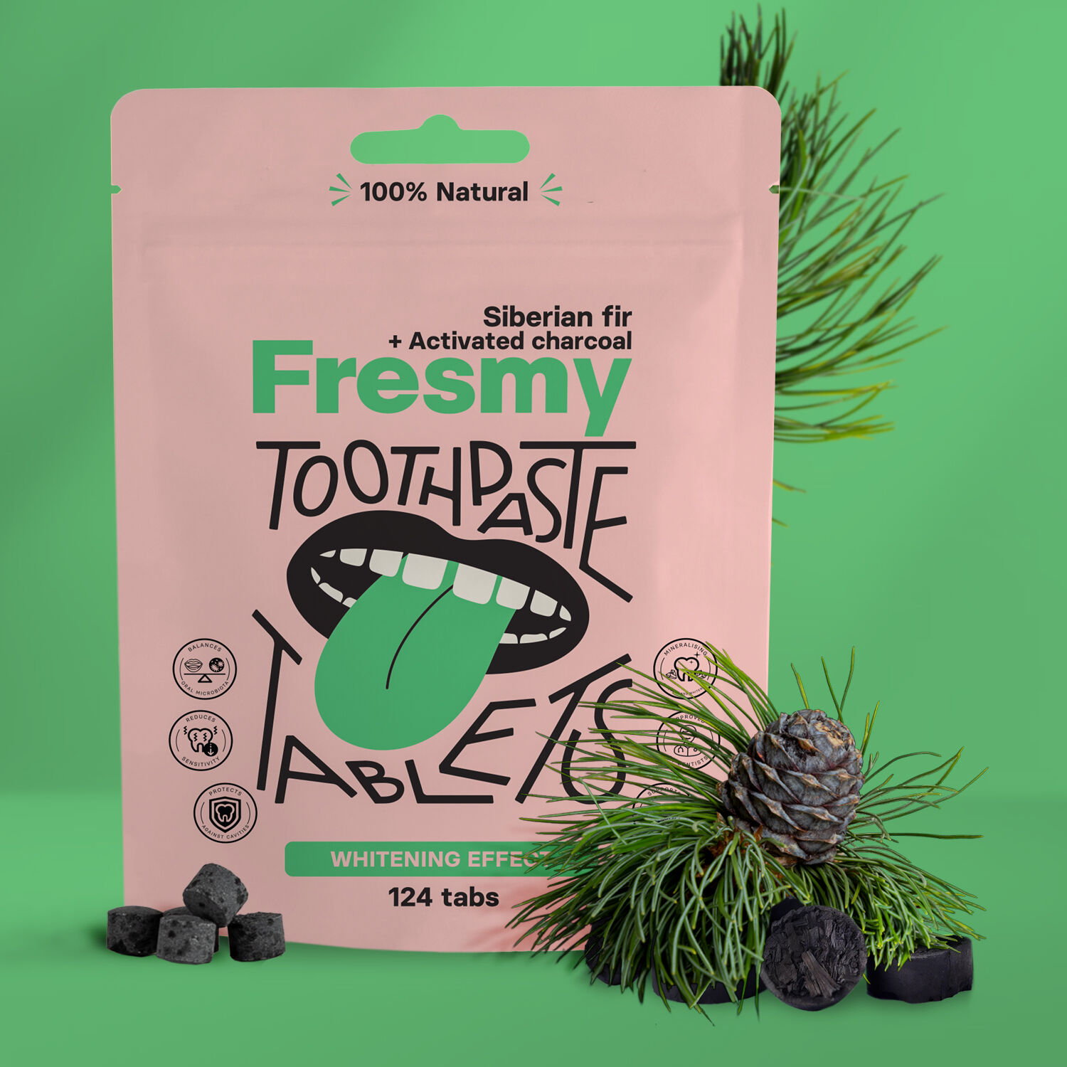 Siberian Fir and Activated Charcoal Toothpaste Tablets in paper bag