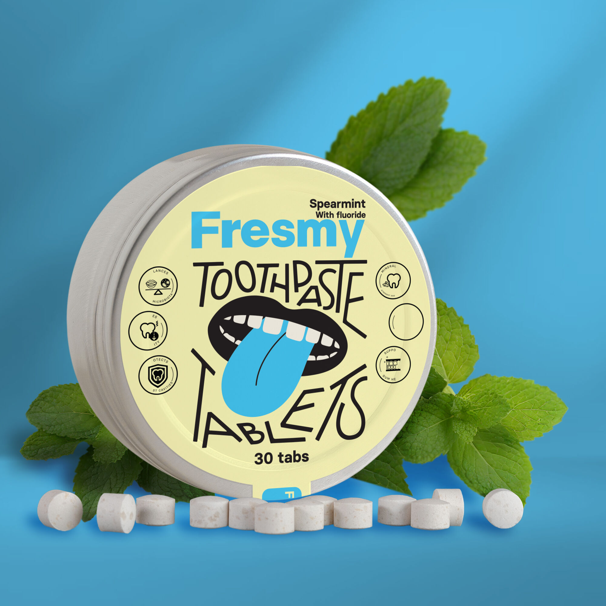 Compresse di dentifricio alla menta verde in scatola di alluminio