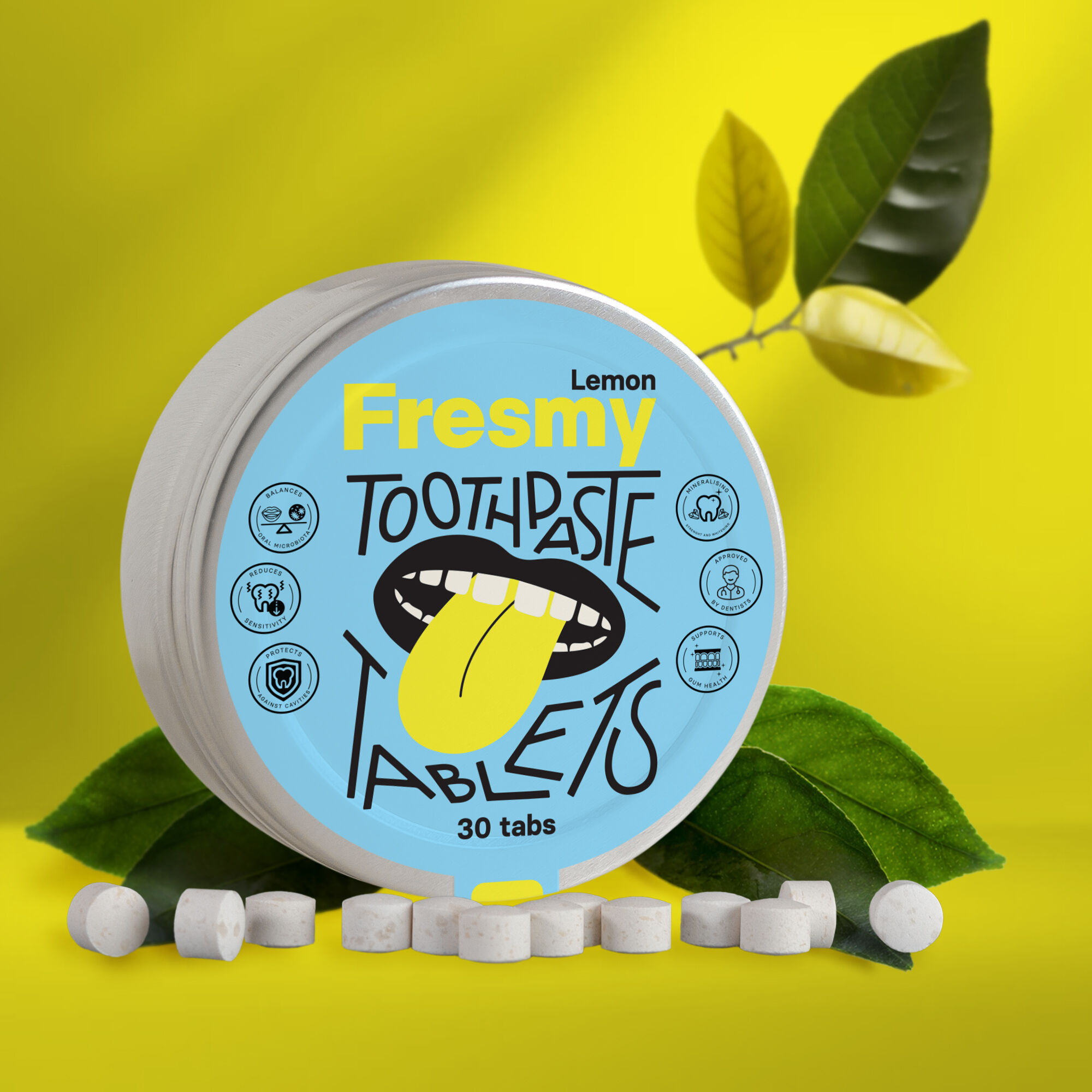 Comprimés de dentifrice au citron dans une boîte en aluminium