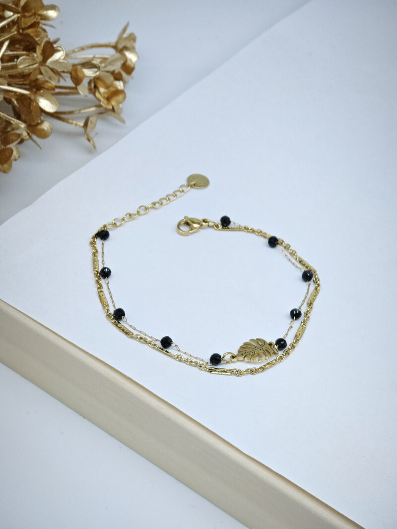 Doppeltes Kettenarmband Blattperlen Edelstahl - A262