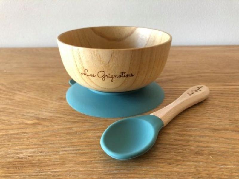 UBUD wooden baby bowl and spoon, non-slip suction cup, ideal for baby-led weaning, baby-led weaning bowl