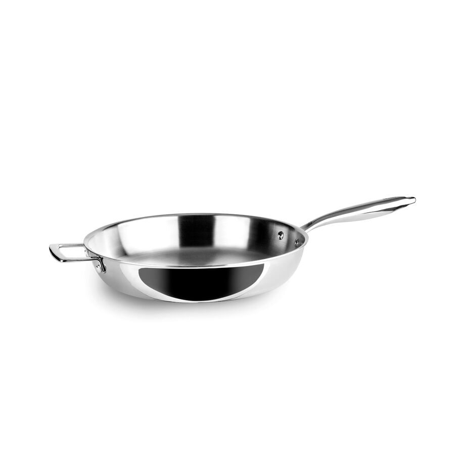 IBILI - Padella tripla naturale a tre strati, 32 cm, con manico e impugnatura, Acciaio inox, Adatta all'induzione, senza rivestimento antiaderente