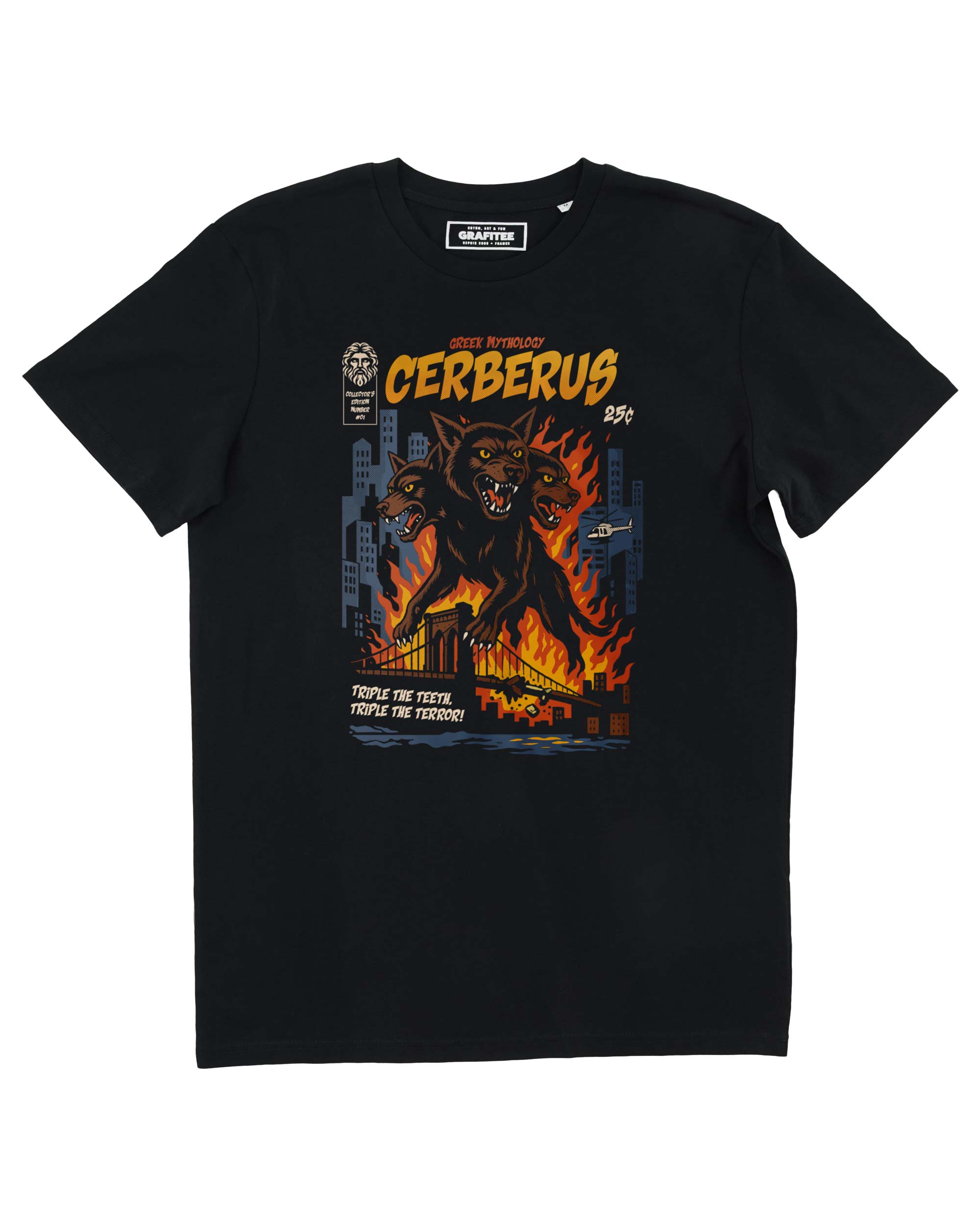 Camiseta negra Cerberus, 100% algodón orgánico de primera calidad