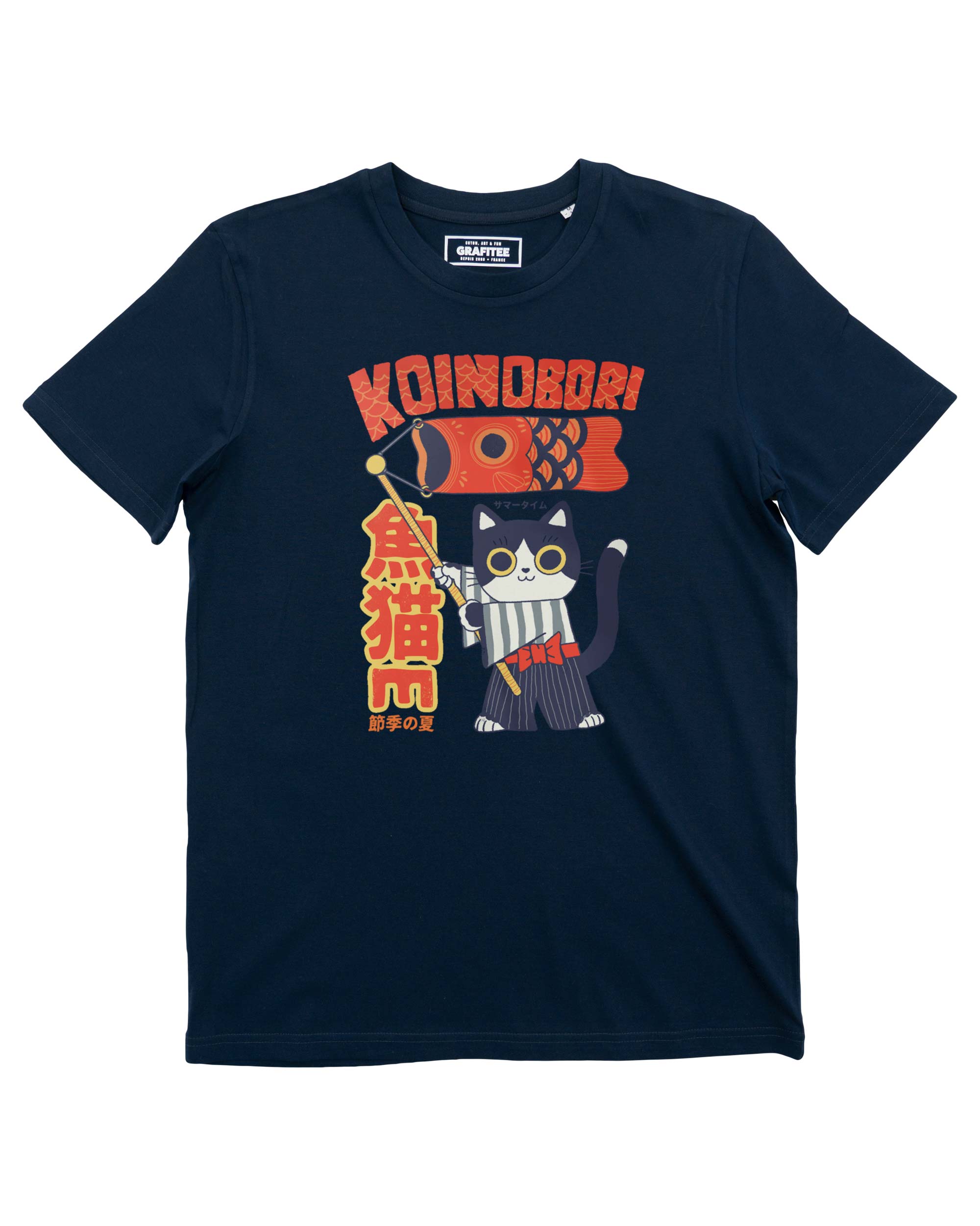 Camiseta azul marino Koinobori Cat, 100% algodón orgánico