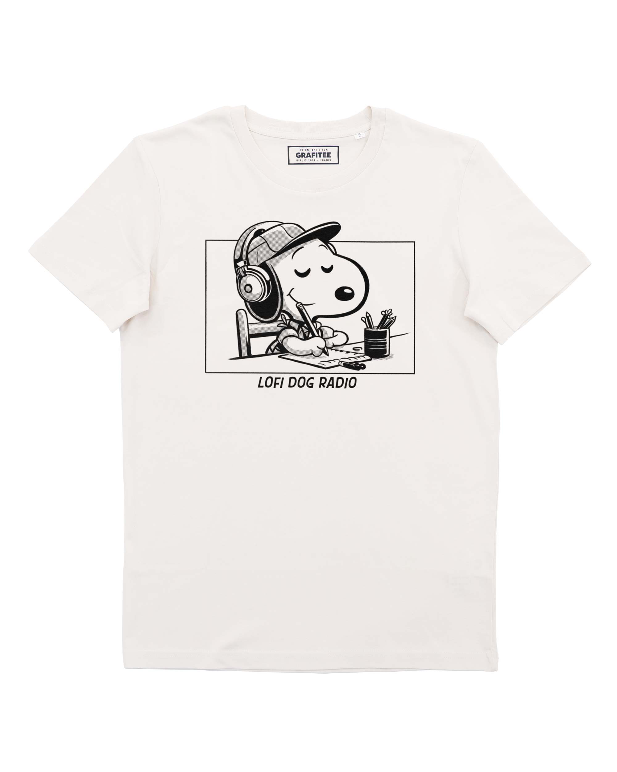 Camiseta Lofi Dog Radio color crudo, 100% algodón con certificación GOTS