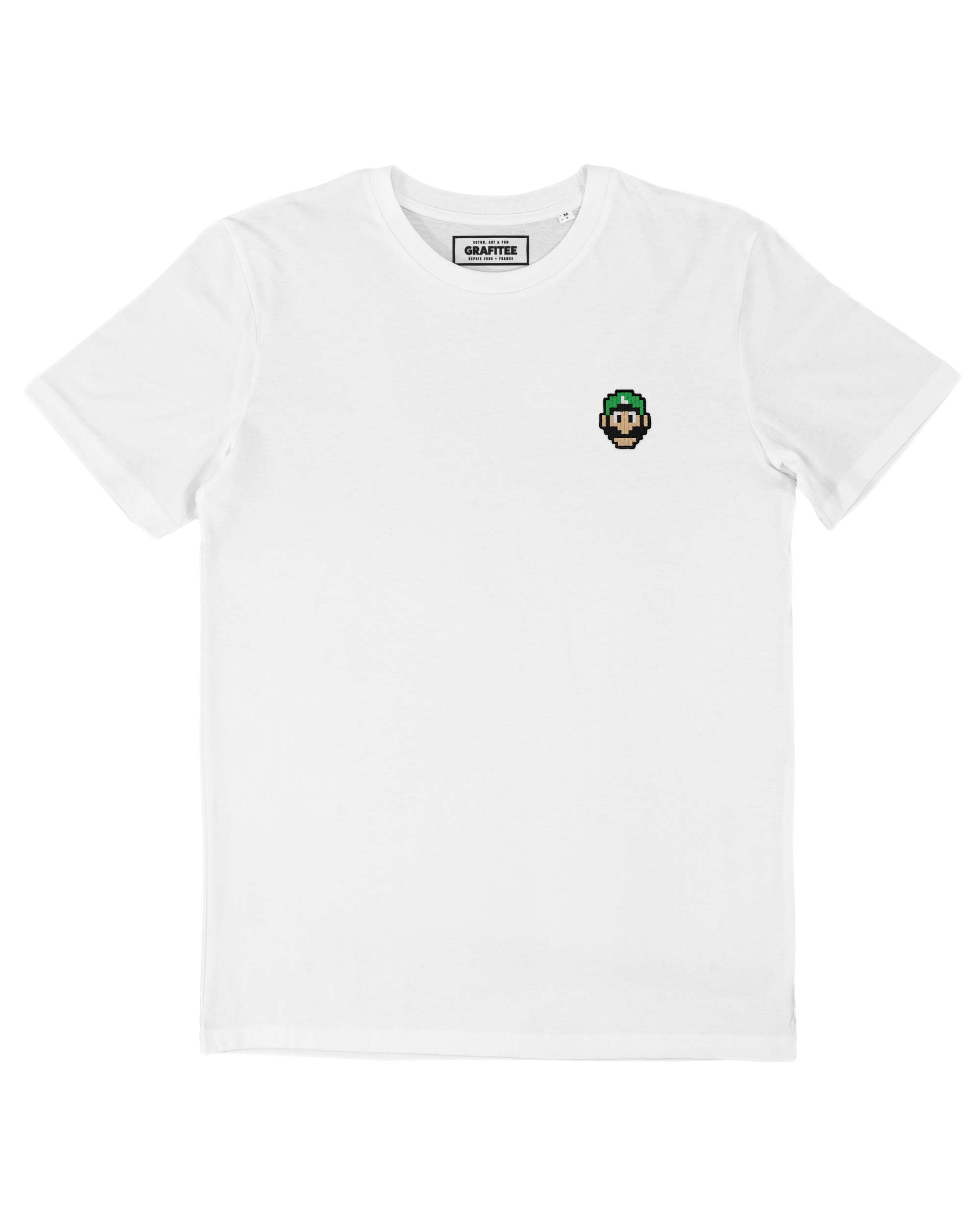 Camiseta blanca con bordado de la cara de Pixel Luigi Bros. 100% algodón orgánico