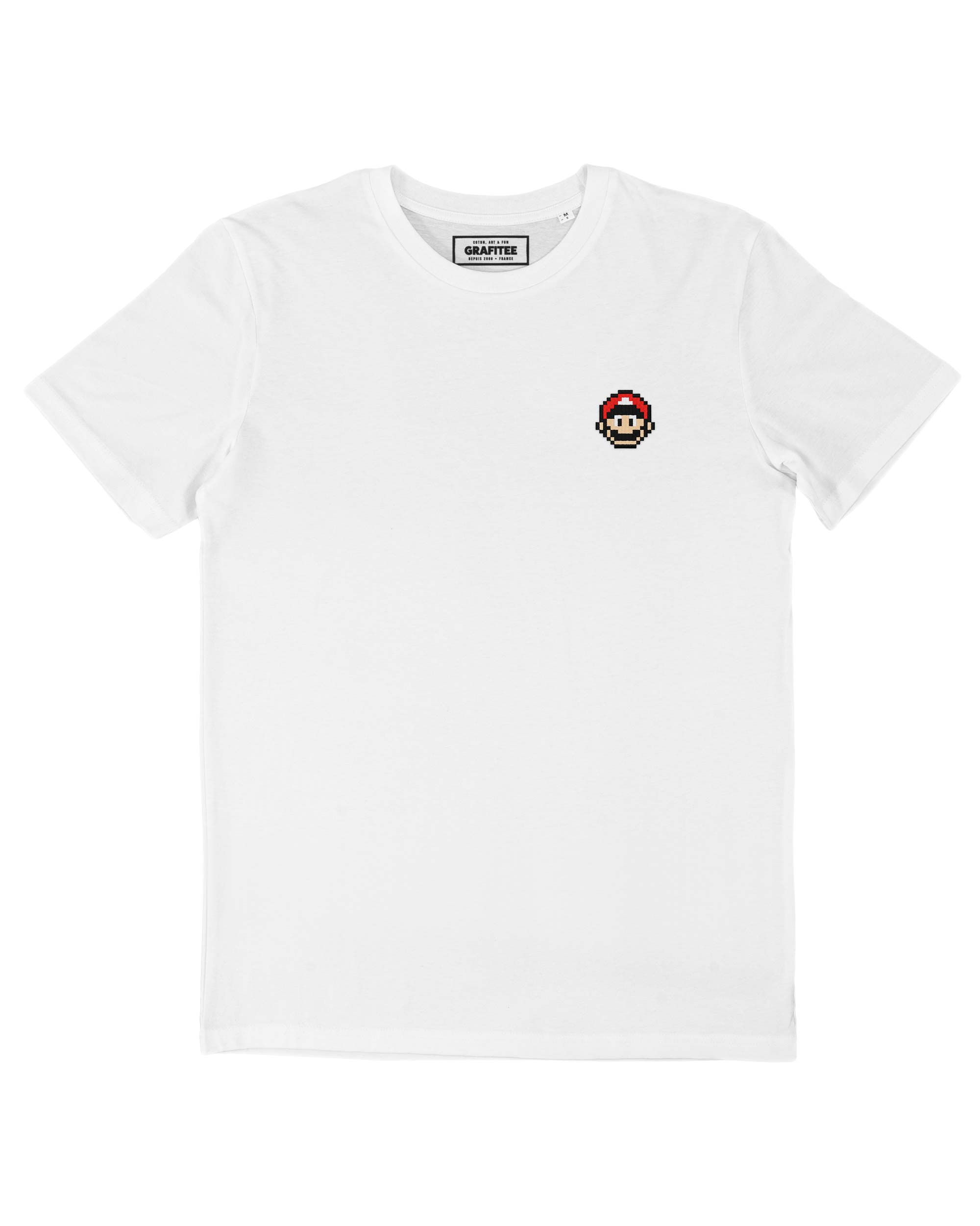 Tshirt blanc brodé Pixel Mario Bros Face 100% coton bio