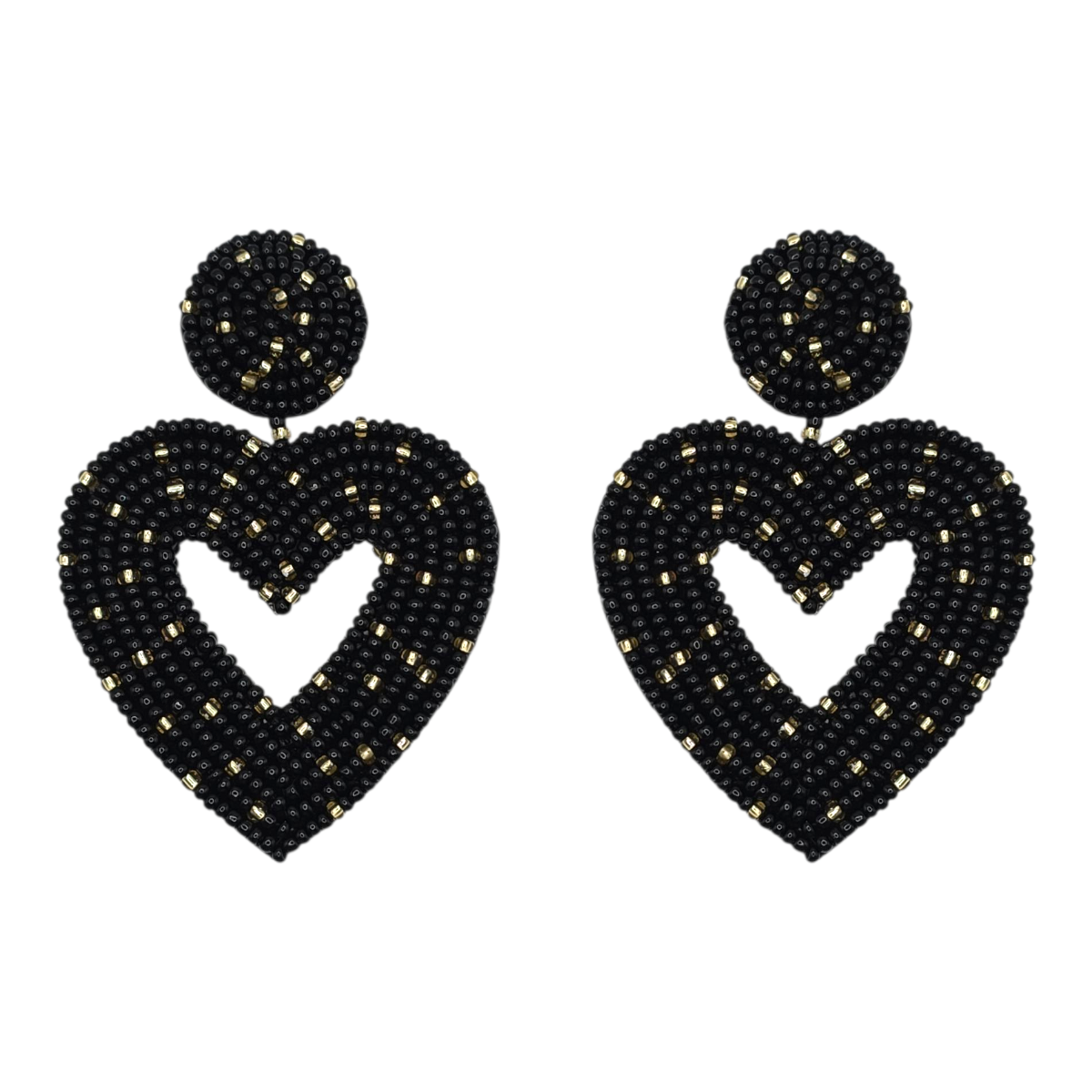 ORECCHINI A PENDENTE CON PERLINE A CUORE NERI E ORO