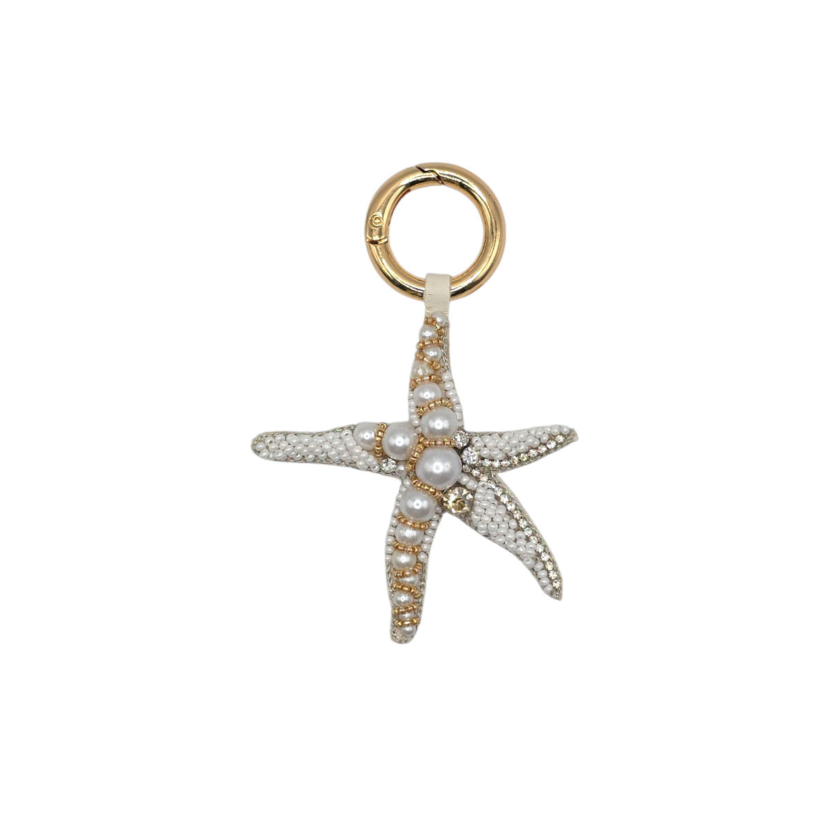 CIONDOLO PER BORSA A FORMA DI STELLA MARINA CON PERLINE BIANCHE