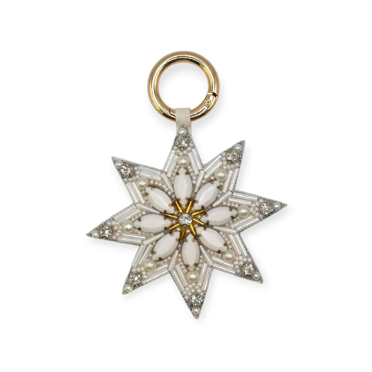 CIONDOLO PER BORSA A FORMA DI FIOCCO DI NEVE CON PERLINE DI CRISTALLO BIANCO