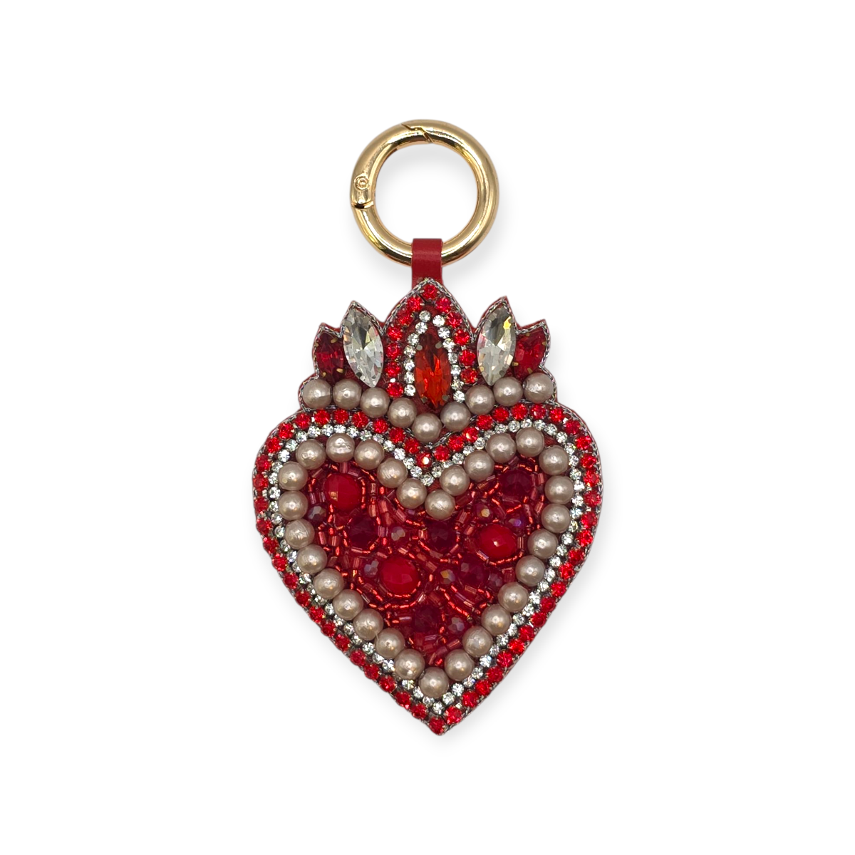CIONDOLO PER BORSA A FORMA DI CUORE CON PERLINE ROSSE E PERLE