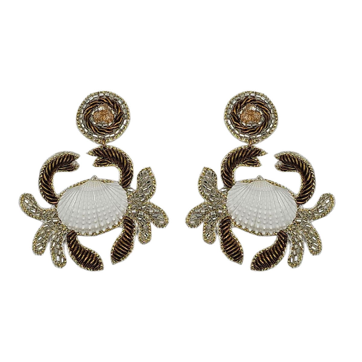 ORECCHINI A FORMA DI GRANCHIO CON CONCHIGLIE RICAMATE IN BRONZO