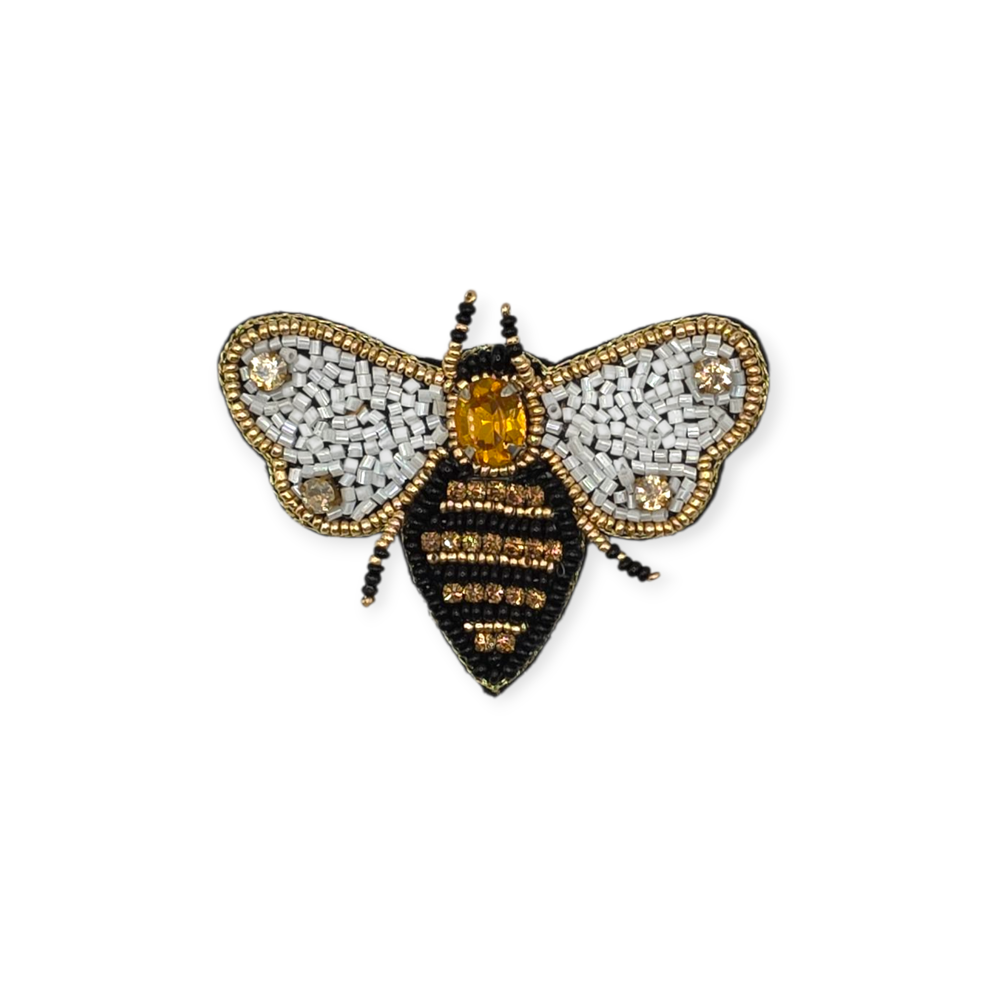 BLACK, WHITE & GOLD EMBROIDERED BEE BROOCH