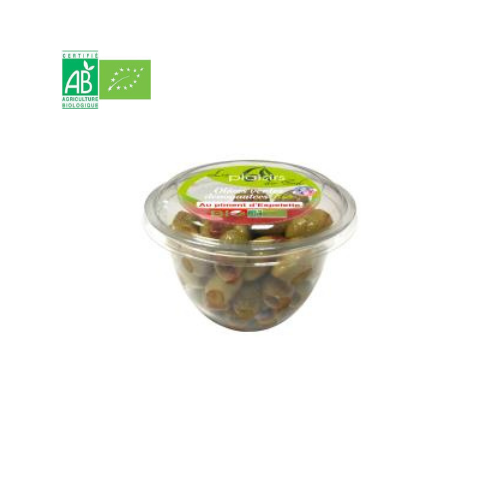 BIO – Oliven Vertes Dénoyautées BIO au Piment d’Espelette (FR-BIO-09) – Barquette 120 g