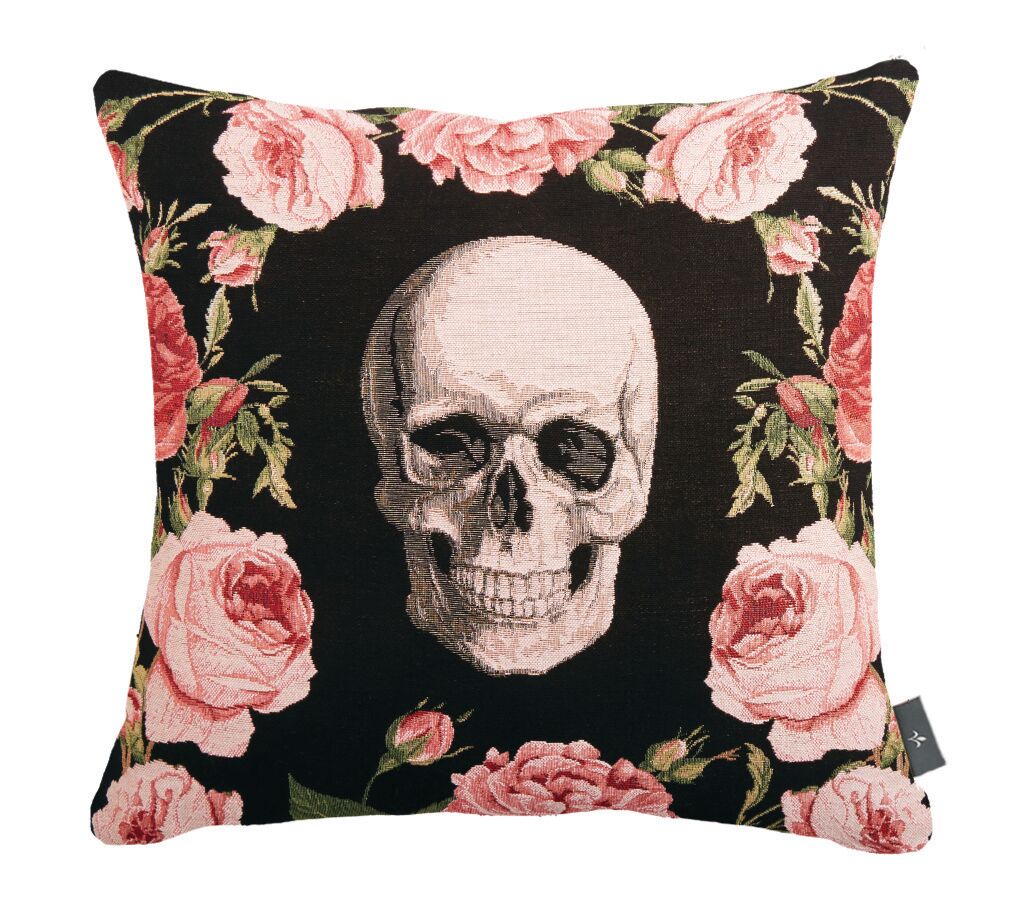 Kissenbezug mit Totenkopf- und Rosenmotiv