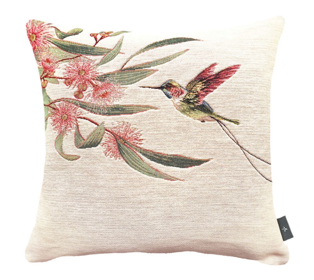 Kissenbezug aus Eukalyptus und rosa Kolibri