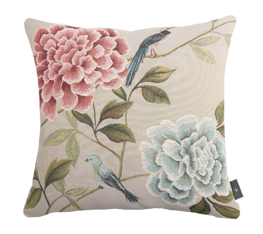 Kissenbezug aus Wandteppich mit blauen Blumen und Vögeln