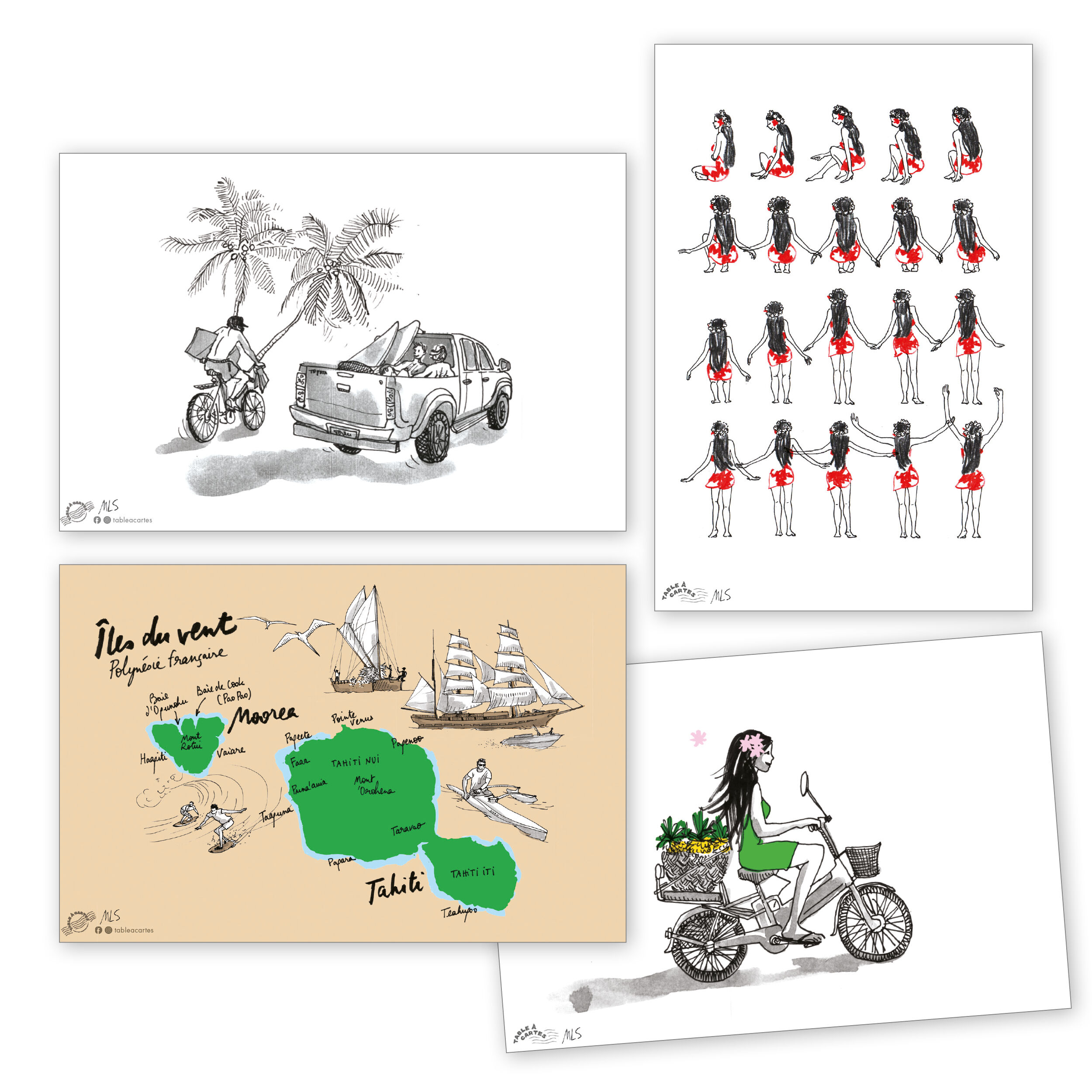 4 cartes postales de Tahiti