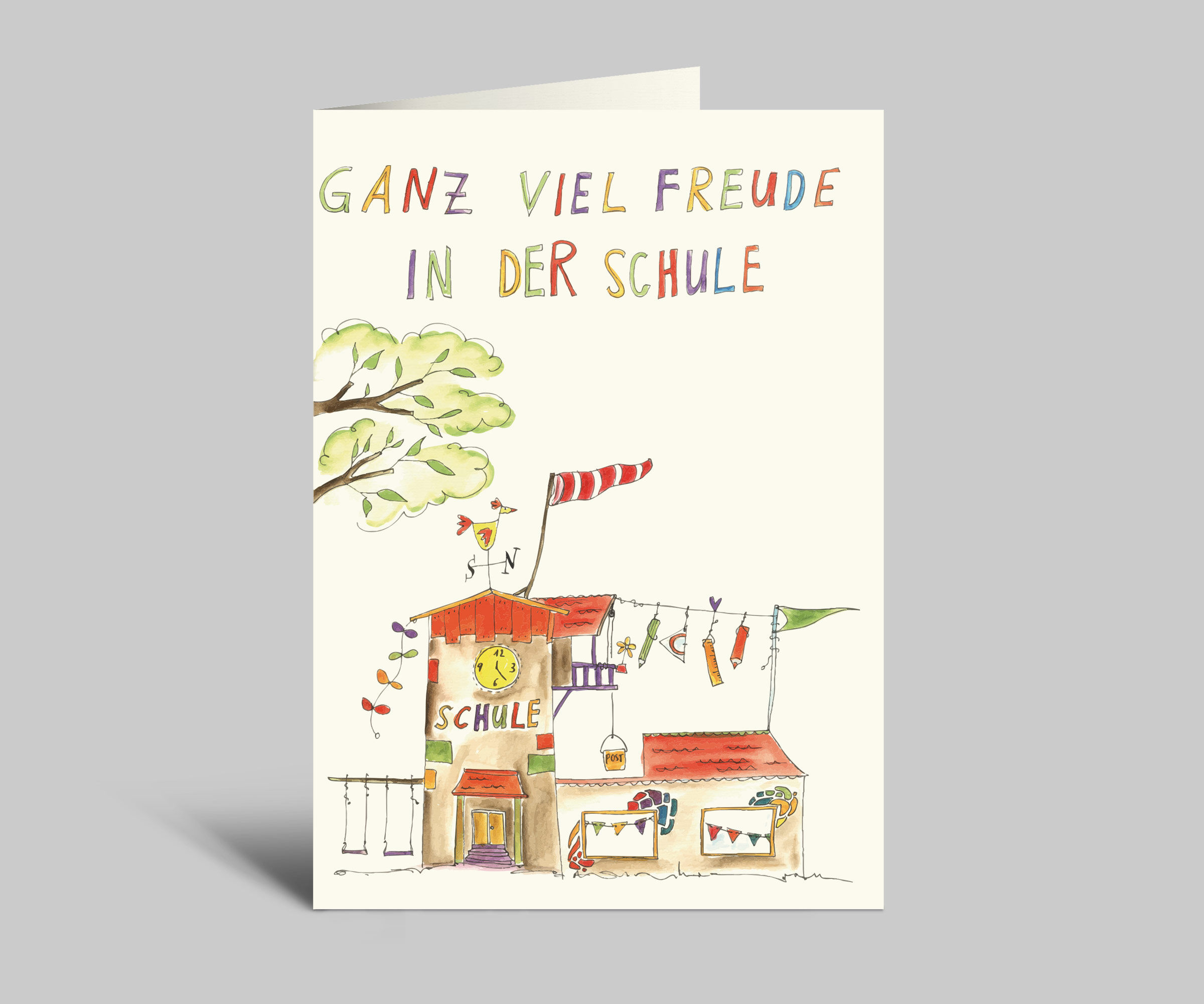 Tarjeta de vuelta al cole | Escuela ilustrada a todo color | Mucha diversión en el cole | Tarjeta desplegable con sobre