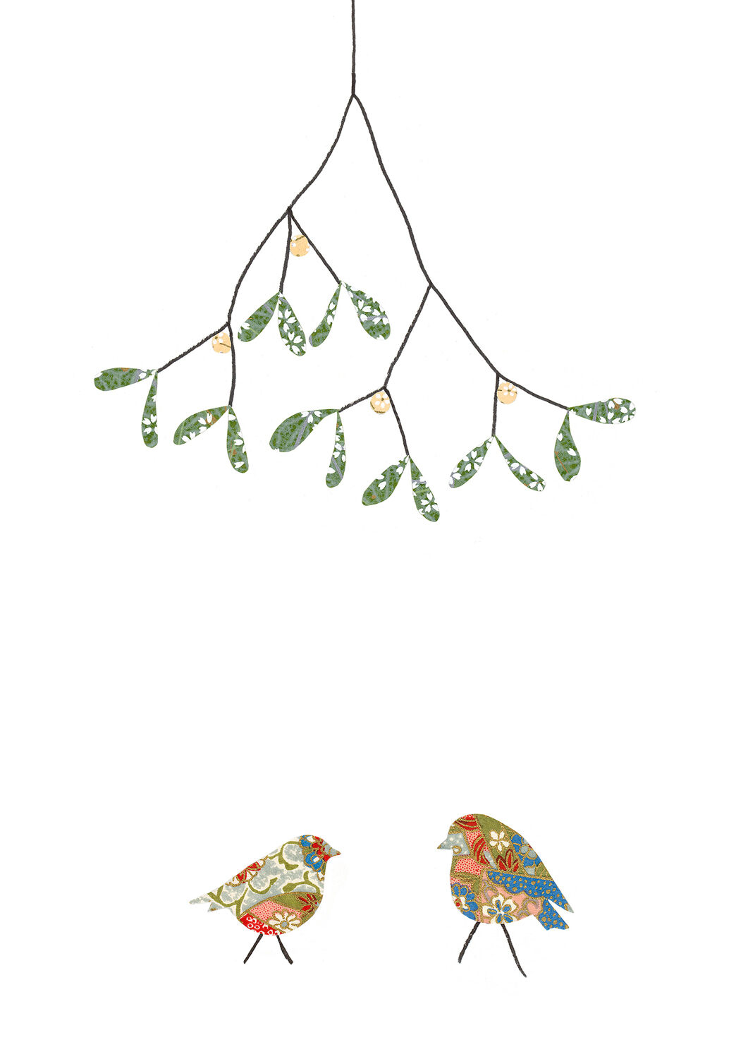 Tarjeta de Navidad con dos petirrojos y muérdago