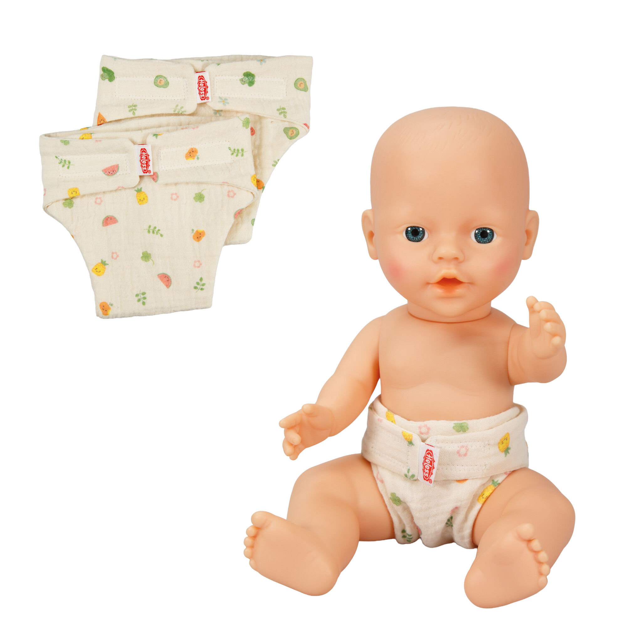 Muslin doll's cloth diaper "Cheeky Fruits", 100% organic cotton, size 28-35cm