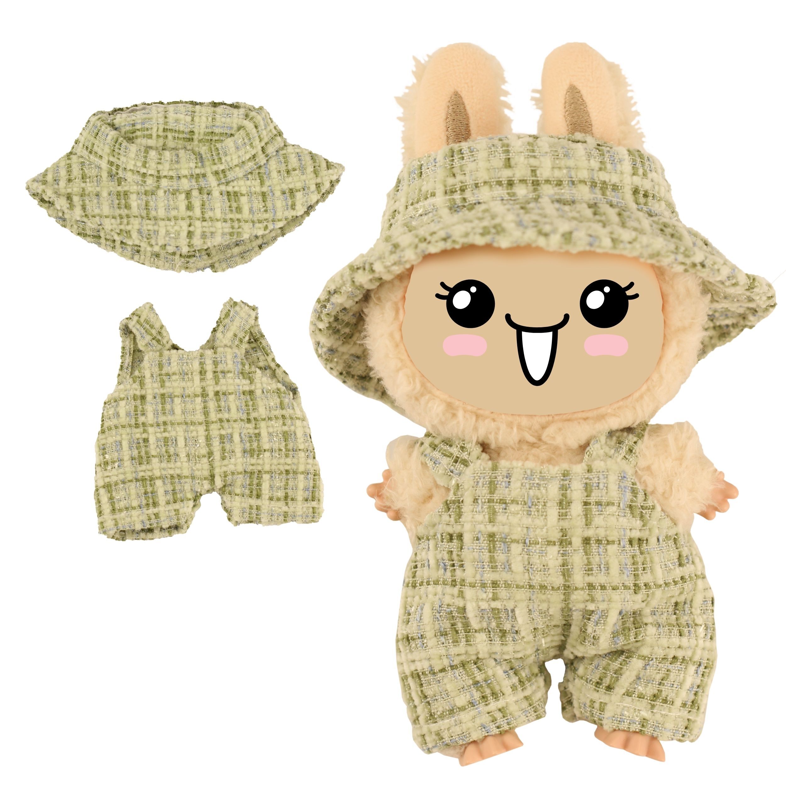 Monster Styles, Bouclé Latzhose mit Fischerhut, mintgrün, Größe 15 cm