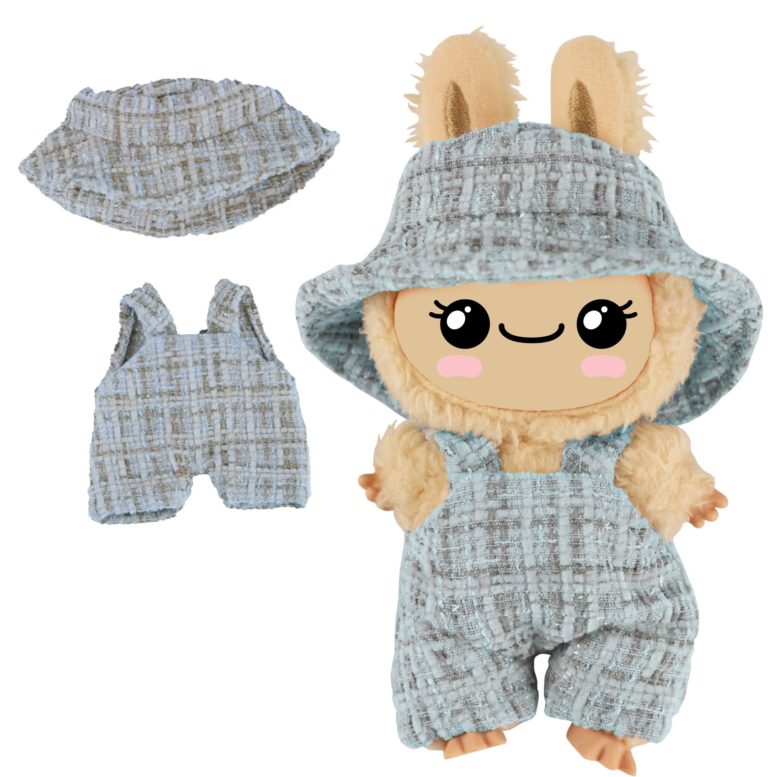 Monster Styles, Bouclé Latzhose mit Fischerhut, blau, Größe 15 cm