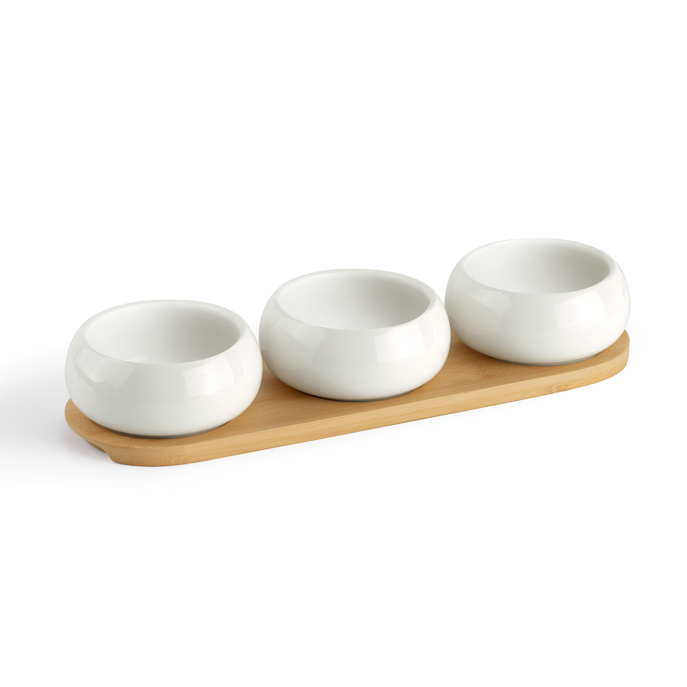 Tapas - Set of 3 ceramic appetizer bowls with bamboo tray