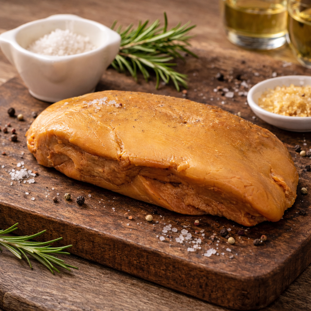 Extra raw duck foie gras, deveined, seasoned, fixed weight 420g, vacuum-packed
