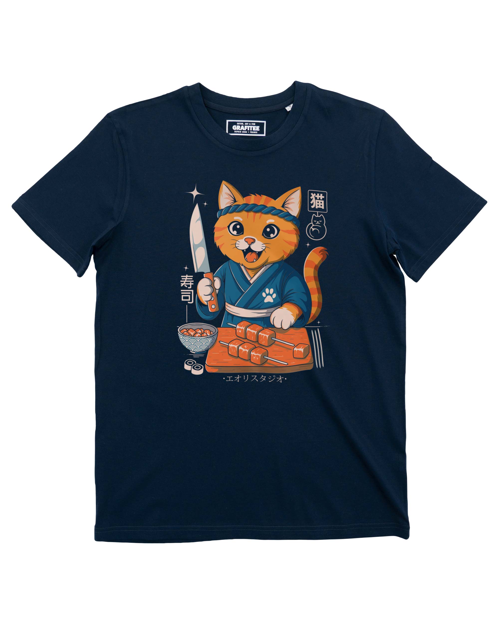 T-shirt sushi cat samurai navy - Style Japon