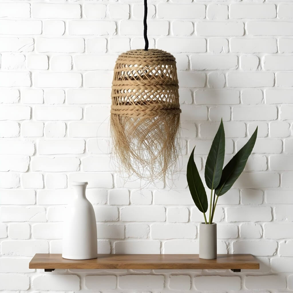 Handwoven Straw Pendant Light – Bohemian Hanging Lamp with Fringe