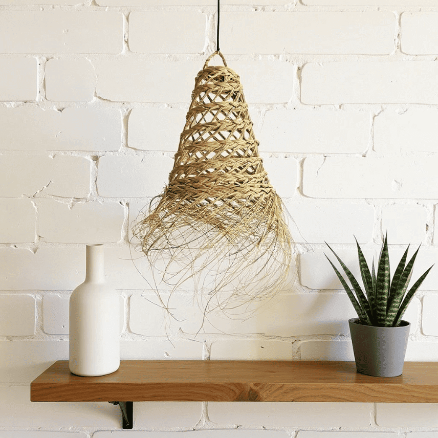 Handwoven Straw Pendant Light 17 inch – Natural Fiber Lampshade with Fringe
