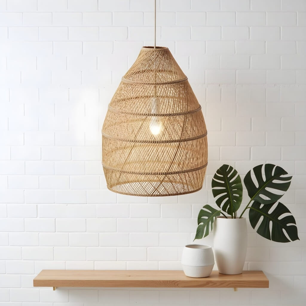 14 inch Raffia Pendant Light – Handwoven Dome Lamp with Herringbone Pattern
